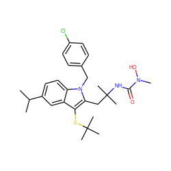 CC(C)c1ccc2c(c1)c(SC(C)(C)C)c(CC(C)(C)NC(=O)N(C)O)n2Cc1ccc(Cl)cc1 ZINC000029330335