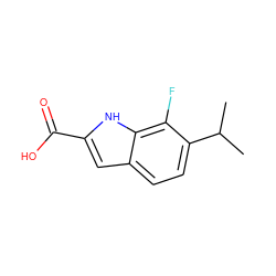 CC(C)c1ccc2cc(C(=O)O)[nH]c2c1F ZINC001772650152