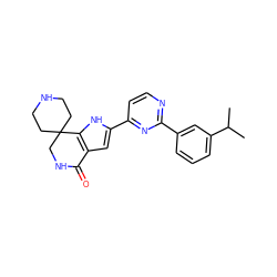 CC(C)c1cccc(-c2nccc(-c3cc4c([nH]3)C3(CCNCC3)CNC4=O)n2)c1 ZINC000071335007