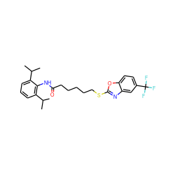 CC(C)c1cccc(C(C)C)c1NC(=O)CCCCCSc1nc2cc(C(F)(F)F)ccc2o1 ZINC000197649026