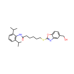 CC(C)c1cccc(C(C)C)c1NC(=O)CCCCCSc1nc2cc(CO)ccc2o1 ZINC000197649324