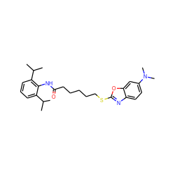 CC(C)c1cccc(C(C)C)c1NC(=O)CCCCCSc1nc2ccc(N(C)C)cc2o1 ZINC000199784181