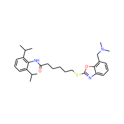 CC(C)c1cccc(C(C)C)c1NC(=O)CCCCCSc1nc2cccc(CN(C)C)c2o1 ZINC000203903289