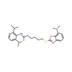 CC(C)c1cccc(C(C)C)c1NC(=O)CCCCCSc1nc2cccc(N(C)C)c2o1 ZINC000002004780