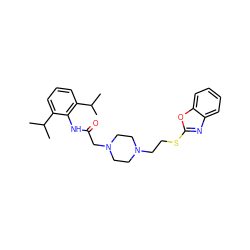 CC(C)c1cccc(C(C)C)c1NC(=O)CN1CCN(CCSc2nc3ccccc3o2)CC1 ZINC000033990099