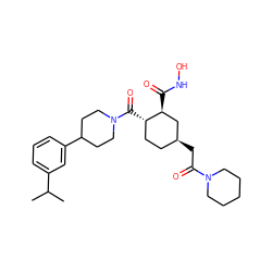 CC(C)c1cccc(C2CCN(C(=O)[C@H]3CC[C@H](CC(=O)N4CCCCC4)C[C@@H]3C(=O)NO)CC2)c1 ZINC000040425004