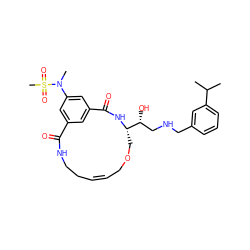 CC(C)c1cccc(CNC[C@@H](O)[C@@H]2COC/C=C/CCNC(=O)c3cc(cc(N(C)S(C)(=O)=O)c3)C(=O)N2)c1 ZINC000084759552