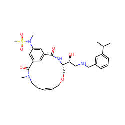 CC(C)c1cccc(CNC[C@@H](O)[C@@H]2COC/C=C\CCN(C)C(=O)c3cc(cc(N(C)S(C)(=O)=O)c3)C(=O)N2)c1 ZINC000084758522