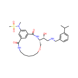 CC(C)c1cccc(CNC[C@@H](O)[C@@H]2COCCCCCNC(=O)c3cc(cc(N(C)S(C)(=O)=O)c3)C(=O)N2)c1 ZINC000084758397