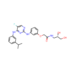 CC(C)c1cccc(Nc2nc(Nc3cccc(OCC(=O)NC[C@H](O)CO)c3)ncc2F)c1 ZINC000035952683