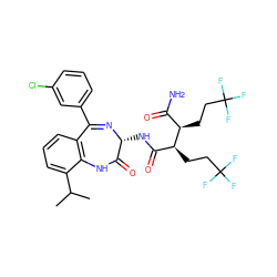CC(C)c1cccc2c1NC(=O)[C@@H](NC(=O)[C@H](CCC(F)(F)F)[C@H](CCC(F)(F)F)C(N)=O)N=C2c1cccc(Cl)c1 ZINC000210711697
