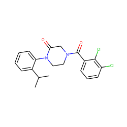 CC(C)c1ccccc1N1CCN(C(=O)c2cccc(Cl)c2Cl)CC1=O ZINC000059281772