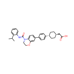 CC(C)c1ccccc1NC(=O)N1CCOc2cc(-c3ccc([C@H]4CC[C@H](CC(=O)O)CC4)cc3)ccc21 ZINC000261159861