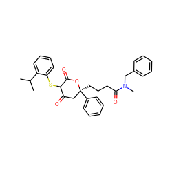 CC(C)c1ccccc1SC1C(=O)C[C@](CCCC(=O)N(C)Cc2ccccc2)(c2ccccc2)OC1=O ZINC000027760488