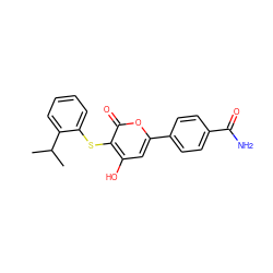 CC(C)c1ccccc1Sc1c(O)cc(-c2ccc(C(N)=O)cc2)oc1=O ZINC000036124552