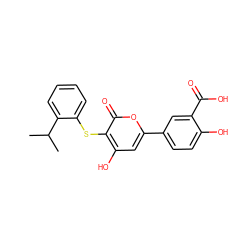 CC(C)c1ccccc1Sc1c(O)cc(-c2ccc(O)c(C(=O)O)c2)oc1=O ZINC000036124539