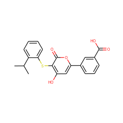 CC(C)c1ccccc1Sc1c(O)cc(-c2cccc(C(=O)O)c2)oc1=O ZINC000036124573