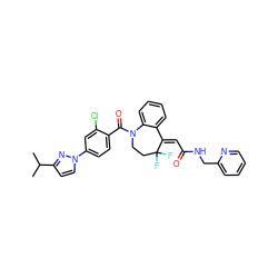 CC(C)c1ccn(-c2ccc(C(=O)N3CCC(F)(F)/C(=C\C(=O)NCc4ccccn4)c4ccccc43)c(Cl)c2)n1 ZINC000042807687