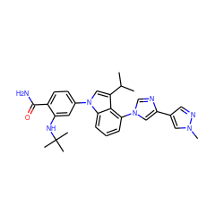 CC(C)c1cn(-c2ccc(C(N)=O)c(NC(C)(C)C)c2)c2cccc(-n3cnc(-c4cnn(C)c4)c3)c12 ZINC000222995137