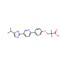 CC(C)c1cnc(-c2ccc(-c3ccc(OCC(C)(C)C(=O)O)cc3)nc2)[nH]1 ZINC000218543731