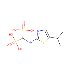 CC(C)c1cnc(NC(P(=O)(O)O)P(=O)(O)O)s1 ZINC000026741843