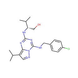 CC(C)c1cnn2c(NCc3ccc(Cl)cc3)nc(N[C@@H](CO)C(C)C)nc12 ZINC000040935411