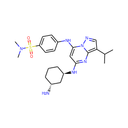 CC(C)c1cnn2c(Nc3ccc(S(=O)(=O)N(C)C)cc3)cc(N[C@@H]3CCC[C@@H](N)C3)nc12 ZINC000014948062