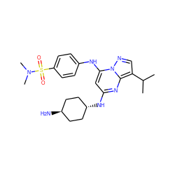 CC(C)c1cnn2c(Nc3ccc(S(=O)(=O)N(C)C)cc3)cc(N[C@H]3CC[C@H](N)CC3)nc12 ZINC000261136417