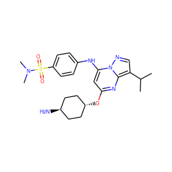 CC(C)c1cnn2c(Nc3ccc(S(=O)(=O)N(C)C)cc3)cc(O[C@H]3CC[C@H](N)CC3)nc12 ZINC000261192775