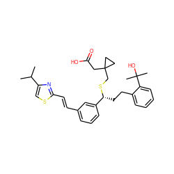 CC(C)c1csc(/C=C/c2cccc([C@@H](CCc3ccccc3C(C)(C)O)SCC3(CC(=O)O)CC3)c2)n1 ZINC000029345940