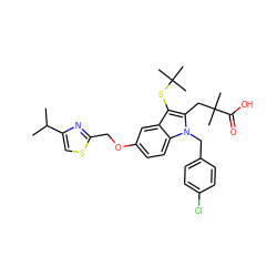 CC(C)c1csc(COc2ccc3c(c2)c(SC(C)(C)C)c(CC(C)(C)C(=O)O)n3Cc2ccc(Cl)cc2)n1 ZINC000001535807