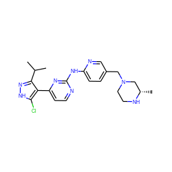 CC(C)c1n[nH]c(Cl)c1-c1ccnc(Nc2ccc(CN3CCN[C@@H](C)C3)cn2)n1 ZINC000064503938