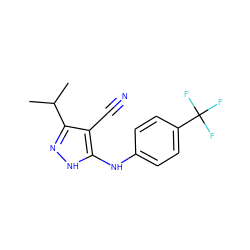 CC(C)c1n[nH]c(Nc2ccc(C(F)(F)F)cc2)c1C#N ZINC000013781027