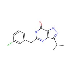 CC(C)c1n[nH]c2c(=O)[nH]c(Cc3cccc(Cl)c3)nc12 ZINC000040401732