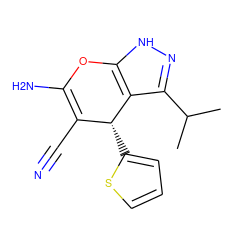 CC(C)c1n[nH]c2c1[C@H](c1cccs1)C(C#N)=C(N)O2 ZINC000013146860