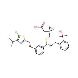 CC(C)c1nc(/C=C/c2cccc([C@@H](CCc3ccccc3C(C)(C)O)SCC3(CC(=O)O)CC3)c2)sc1Cl ZINC000029394144