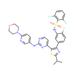 CC(C)c1nc(-c2ccc(F)c(NS(=O)(=O)c3c(F)cccc3F)c2)c(-c2ccnc(Nc3ccc(N4CCOCC4)nc3)n2)s1 ZINC000072176538