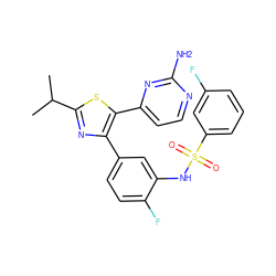 CC(C)c1nc(-c2ccc(F)c(NS(=O)(=O)c3cccc(F)c3)c2)c(-c2ccnc(N)n2)s1 ZINC000095590694