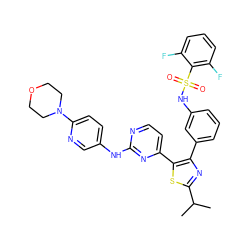 CC(C)c1nc(-c2cccc(NS(=O)(=O)c3c(F)cccc3F)c2)c(-c2ccnc(Nc3ccc(N4CCOCC4)nc3)n2)s1 ZINC000072176300