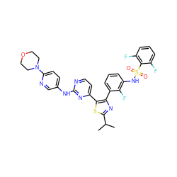 CC(C)c1nc(-c2cccc(NS(=O)(=O)c3c(F)cccc3F)c2F)c(-c2ccnc(Nc3ccc(N4CCOCC4)nc3)n2)s1 ZINC000072176249