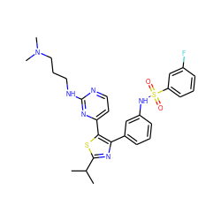 CC(C)c1nc(-c2cccc(NS(=O)(=O)c3cccc(F)c3)c2)c(-c2ccnc(NCCCN(C)C)n2)s1 ZINC000095588016