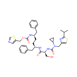 CC(C)c1nc(CN(C(=O)N[C@@H](CO)C(=O)N[C@H](CC[C@H](Cc2ccccc2)NC(=O)OCc2cncs2)Cc2ccccc2)C2CC2)cs1 ZINC000150604088