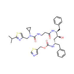 CC(C)c1nc(CN(C(=O)NCCC(=O)N[C@@H](Cc2ccccc2)[C@@H](O)C[C@H](Cc2ccccc2)NC(=O)OCc2cncs2)C2CC2)cs1 ZINC000027656969