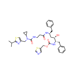 CC(C)c1nc(CN(C(=O)NCCC(=O)N[C@@H](Cc2ccccc2)C[C@H](O)[C@H](Cc2ccccc2)NC(=O)OCc2cncs2)C2CC2)cs1 ZINC000027655525