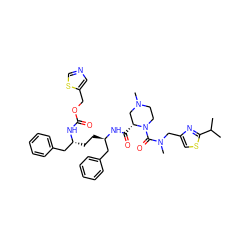 CC(C)c1nc(CN(C)C(=O)N2CCN(C)C[C@H]2C(=O)N[C@H](CC[C@H](Cc2ccccc2)NC(=O)OCc2cncs2)Cc2ccccc2)cs1 ZINC000200622350