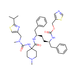 CC(C)c1nc(CN(C)C(=O)NC2(C(=O)N[C@H](CC[C@H](Cc3ccccc3)NC(=O)OCc3cncs3)Cc3ccccc3)CCN(C)CC2)cs1 ZINC000164723318