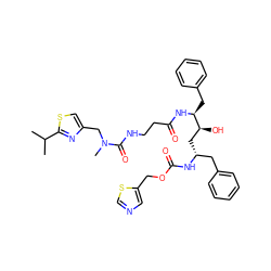 CC(C)c1nc(CN(C)C(=O)NCCC(=O)N[C@@H](Cc2ccccc2)[C@@H](O)C[C@H](Cc2ccccc2)NC(=O)OCc2cncs2)cs1 ZINC000027657140