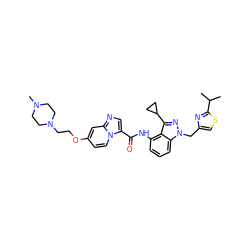 CC(C)c1nc(Cn2nc(C3CC3)c3c(NC(=O)c4cnc5cc(OCCN6CCN(C)CC6)ccn45)cccc32)cs1 ZINC000117883541