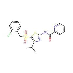 CC(C)c1nc(NC(=O)c2ccccn2)sc1S(=O)(=O)Cc1ccccc1Cl ZINC000198915629