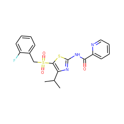 CC(C)c1nc(NC(=O)c2ccccn2)sc1S(=O)(=O)Cc1ccccc1F ZINC000198930025